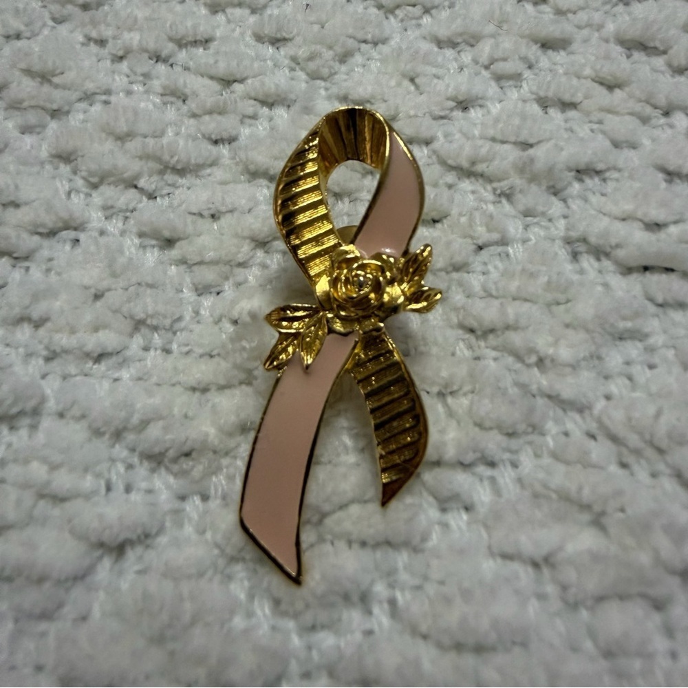 Vintage Avon Pink Ribbon Rose Pin Textured Gold Toned Breast Cancer Awareness
